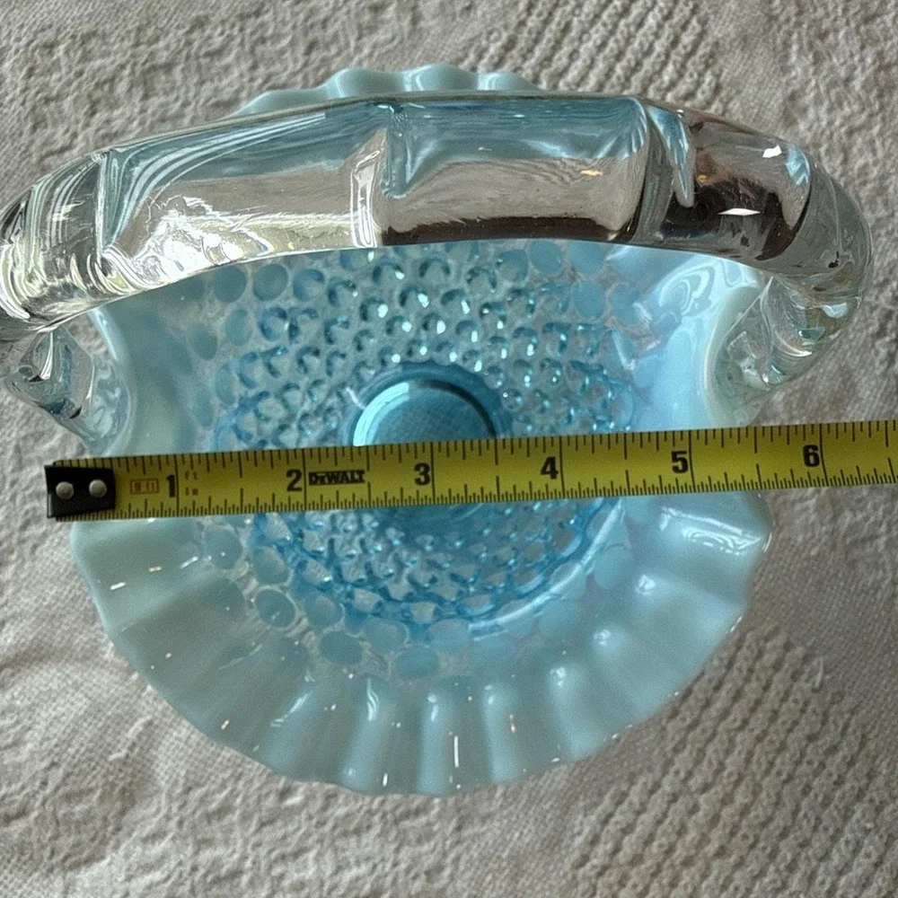 Fenton Blue Opalescent Hobnail‎ Small Basket Ruffled Glass with Handle Vintage